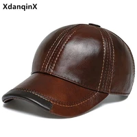 xdanqinx cowhide leather cap winter mens cold proof warm baseball caps adjustable size natural leather brand hat snapback cap