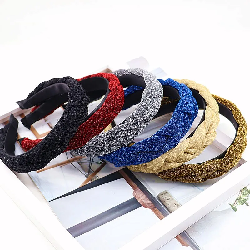 Ободок для волос женский Плетеный однотонный обруч с блестками перехлёстом