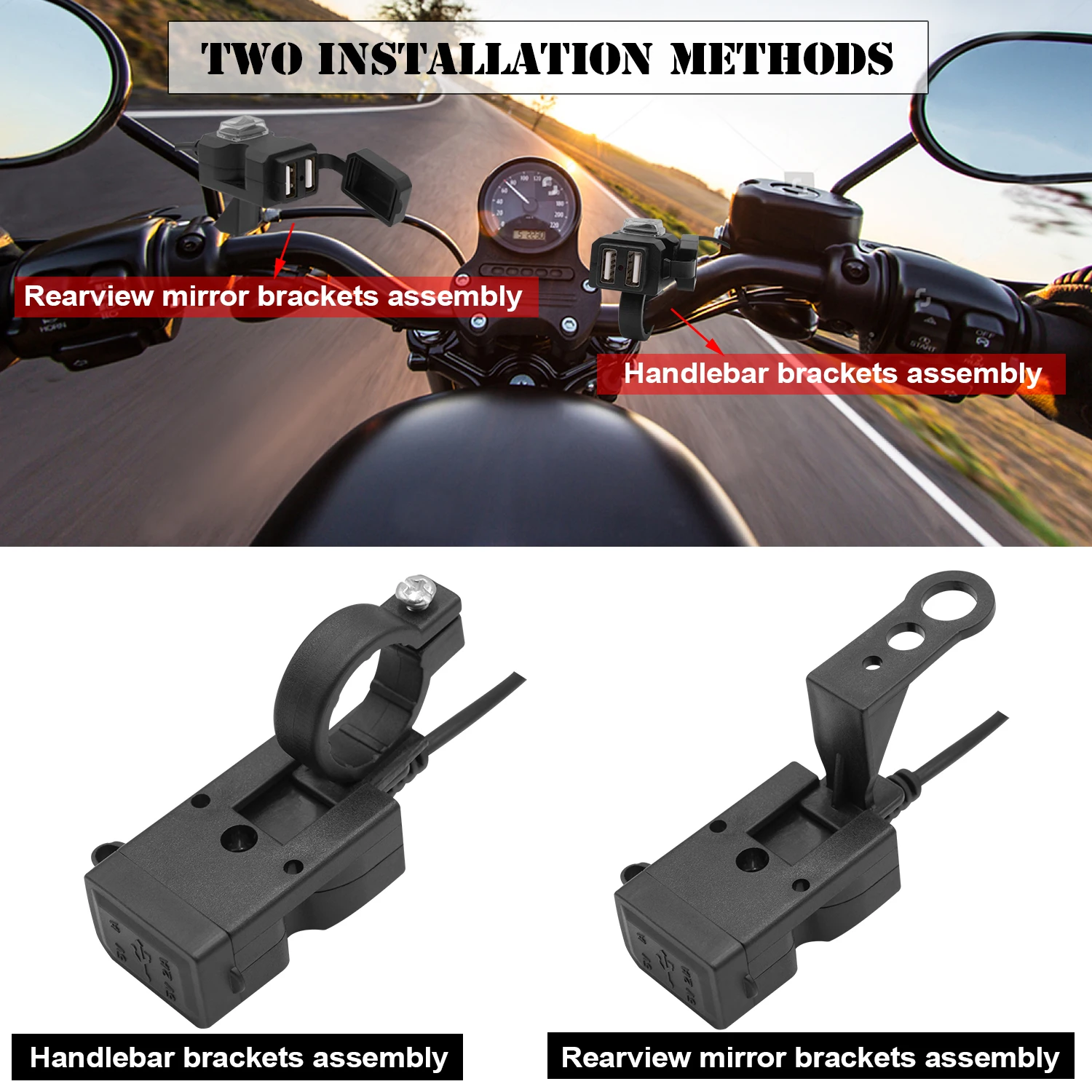 

Dual USB Port 12V Waterproof Motorbike Motorcycle Handlebar Charger 5V 1A/ 2.1A Adapter Socket for Phone Mobile