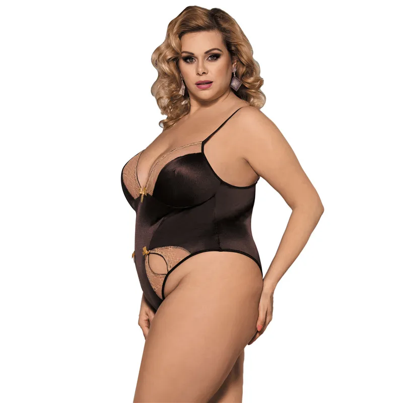 Comeondear коричневый сатиновый костюм для женщин 3XL 5XL размера плюс сексуальный наряд женский эротический боди Mujer Золотой обтягивающий комбинезон комбинезоны RB80353