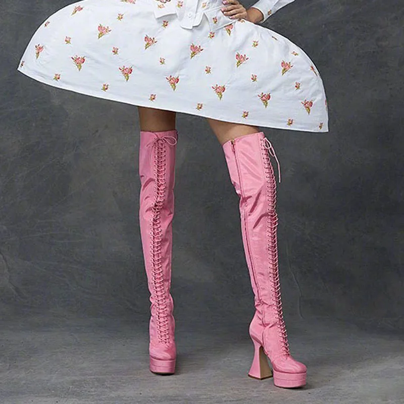 

New Fashion Chunky Sole Catwalk Over-the-knee Thick High Heel Platform Pink Yellow Long Boots Butterfly Knot Fabric Shoes Women