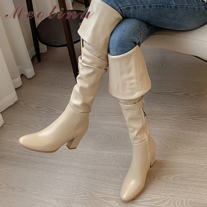 

Женские сапоги выше колена Meotina, сапоги из натуральной кожи с круглым носком, на Высоком толстом каблуке, на молнии, Осень-зима
