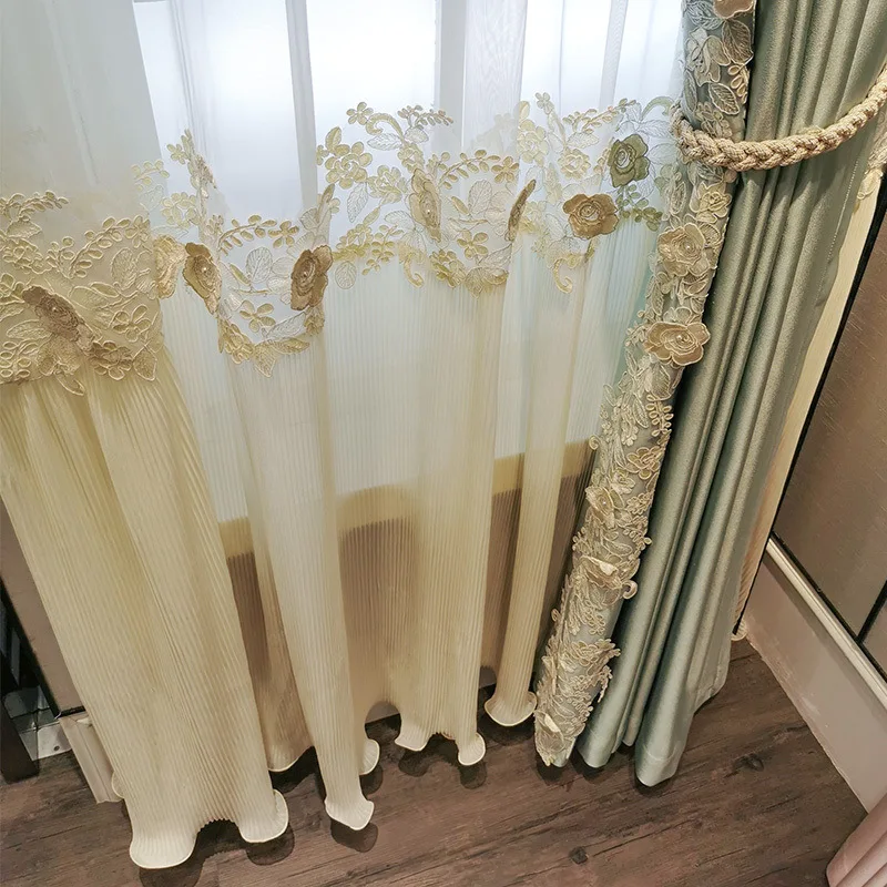 

Luxury Embossed 3D Flowers Embroidery Skirts Lace Tulle with Stitching Curtains Imitation Solid Silk Shade Bedroom Curtains #4