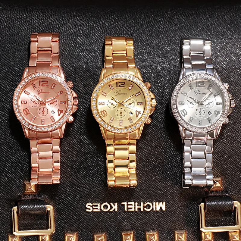 

2021 Trendy Brand Geneva Alloy Steel Belt Women's Watch Elegant Luxury Diamond Three Eyes and Six Needles Watch
