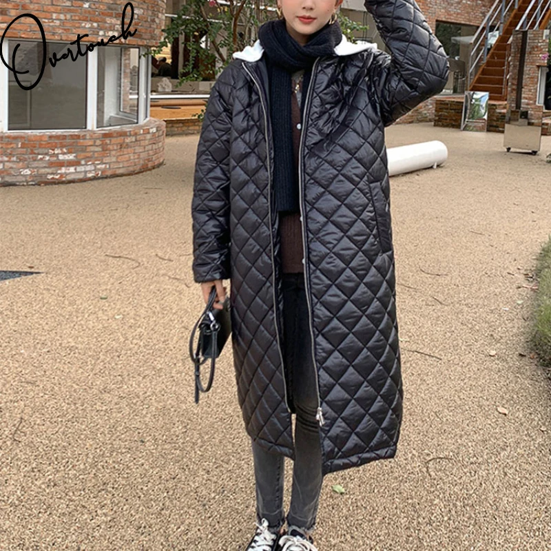 

Overtouch Autumn Winter Parkas Cotton Thick Jacket Plaid Coat Outerwear Women Long Sleeve Pockets Loose Oversize Lady Overcoat