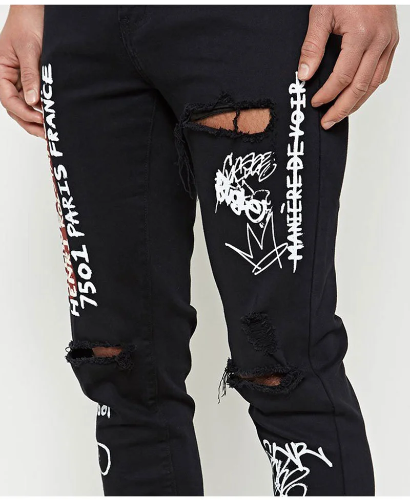 

High Street Jeans Men European American Style Hole Slim Denim Cloth Pencil Pants Men Teen Street Hip Hop Skinny Casual Jeans