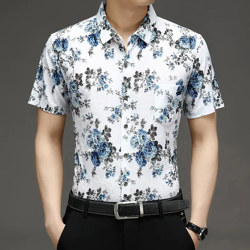 

2021 summer new men's short-sleeved floral shirt pocket casual printing shirt trend