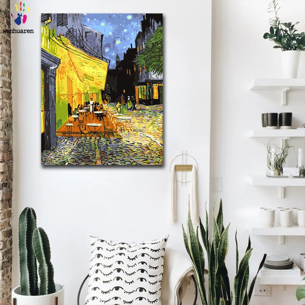 DIY картинки для раскраски по номерам с цветами под открытым небом кафе Ван Гог