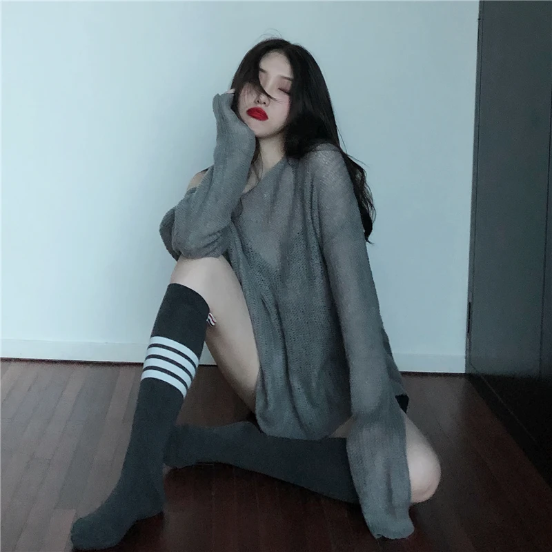 Lucyever Fashion Knitted Black Sweater Women Long Sleeve V-neck See-through Woman Autumn Casual Loose Solid Pull Femme | Женская одежда