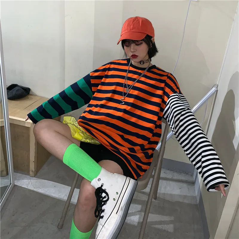 Woherb негабаритных хлопковая футболка с длинным рукавом в полоску принтом виде