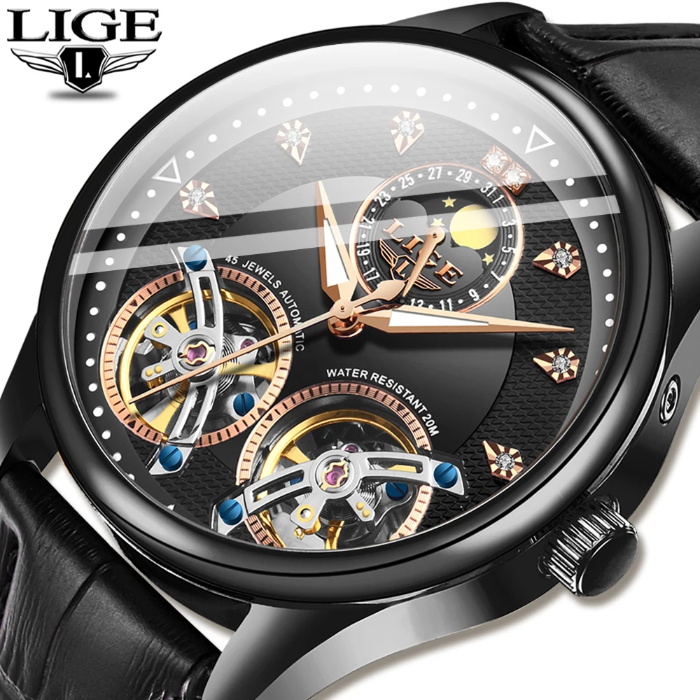 2020 LIGE новые мужские механические часы Автоматические Tourbillon модные кожаные