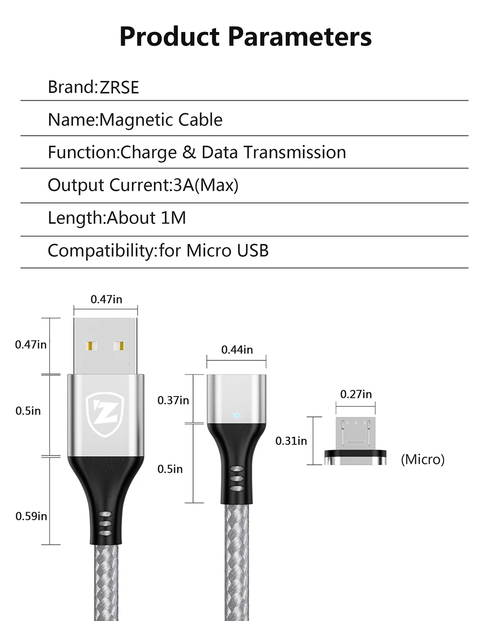ZRSE Магнитный Micro USB кабель для samsung S7 J7 Microusb СВЕТОДИОДНЫЙ Магнитный зарядный кабель для Xiaomi Redmi 4X 3A провод для быстрой зарядки