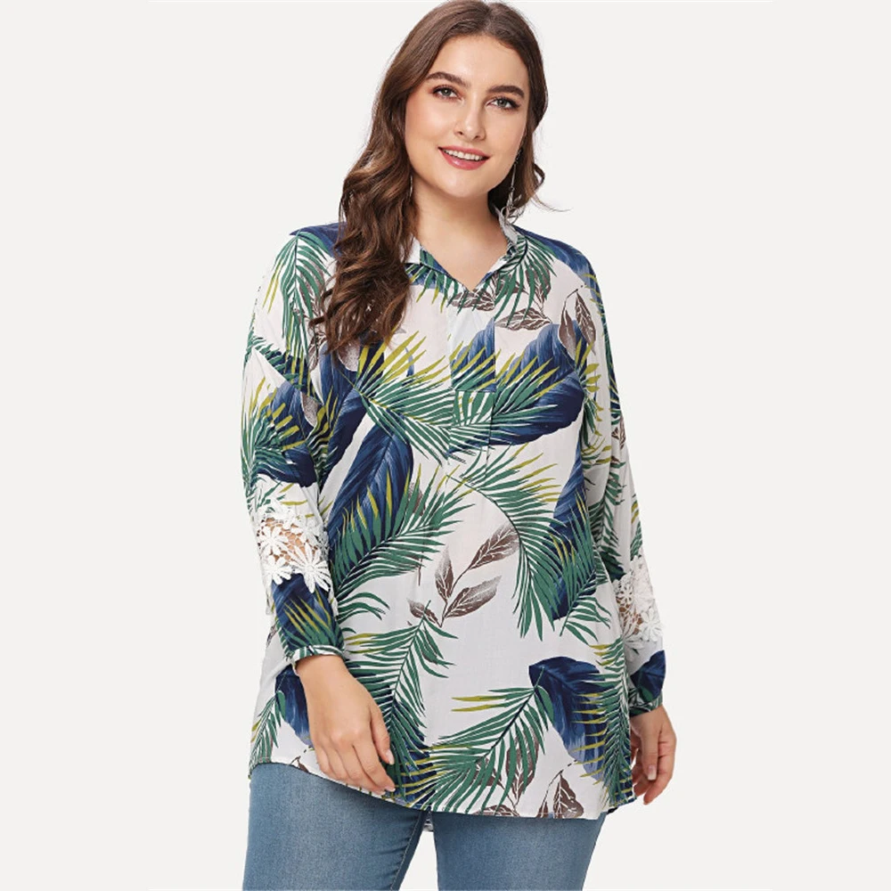 

Female Plus Big Size Elegant Boho Tops Fashion Vintage Leaves Printing Retro Blouses Long Lantern Sleeve Clothing Retro 4xl