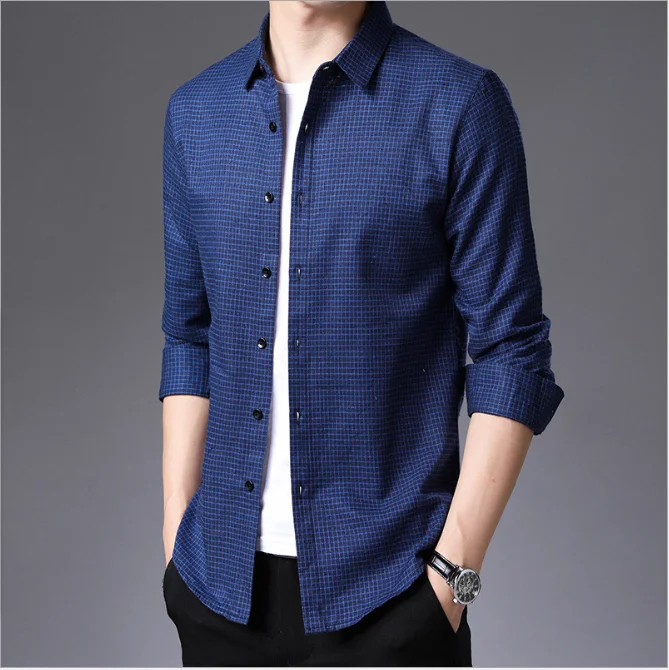 

Loldeal Long-sleeved Men Shirt Fashion Plaid Batik Slim Lapel Business Casual