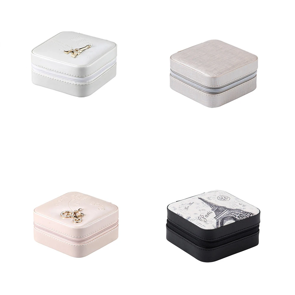 

Women Ear Studs Organiser Leather Portable Jewelry Box Earrings Storage Paris Tower With Mirror 4 Colors Travel Square Girls