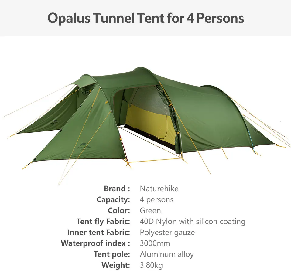 Naturehike Сверхлегкий туннельный тент из опалуса для 2~ 4 человек 20D/210T тканевый тент для кемпинга с бесплатной NH17L001-L