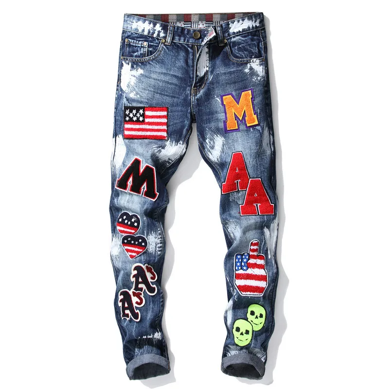 

Autumn Winter Men's Patchwork Ripped Embroidered Stretch Jeans Trendy Holes Straight Denim Trouers