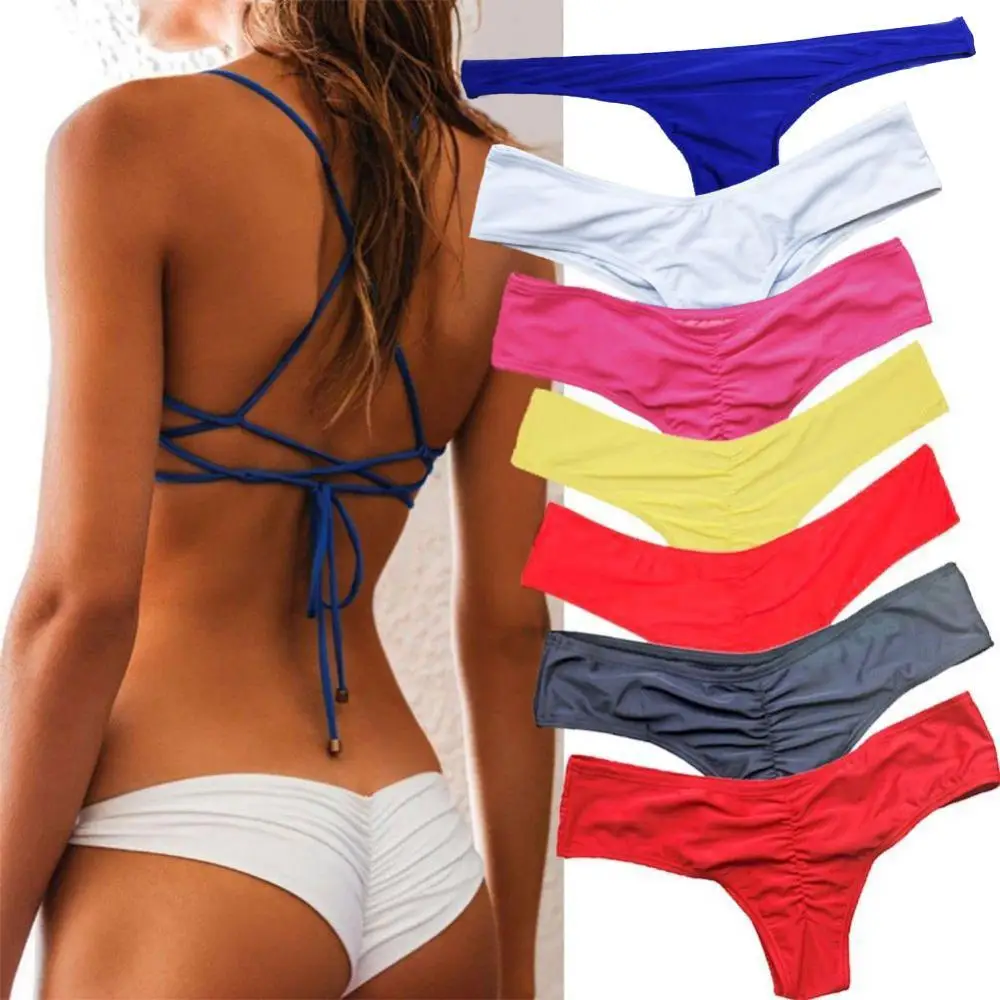 

Women Sexy Ruched Solid Color Bikini Bottom Swimwear Hipsters Thong Beachwear Sexy Low Rise Comfortable Solid Color Bikini
