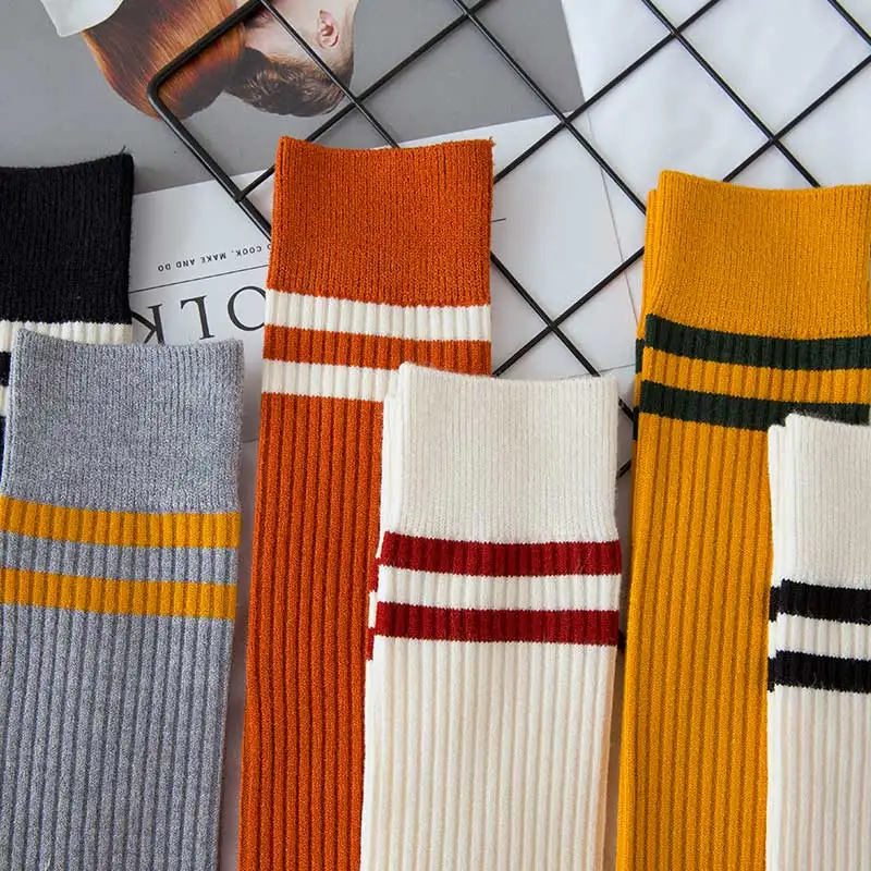 

korean style women socks e girl cute long knee winter kawaii fall happy sheer chaussettes hautes striped modis yellow fashion