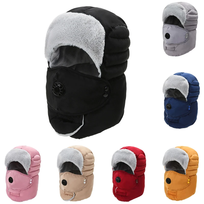 

Russian Bomber Hats for Men Thicken Warm Winter Cap Breathable Detachable Mask Hats Women Windproof Earflap Caps Casual Ski Hats