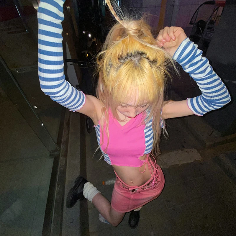 

Harajuku Summer Women's T Shirts Punk Girls V-Neck Irregular Party Patchwork Slim Striped Crop Top Streetwear Y2K Style Tops Tee