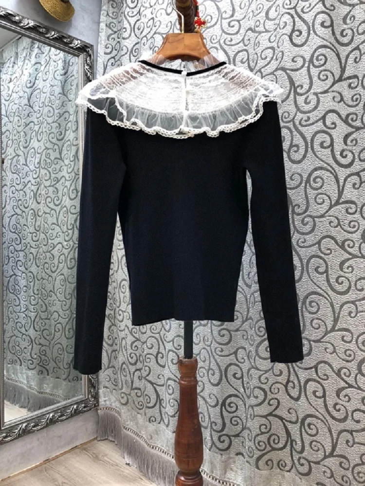 

Wool High Quality Sweaters 2021 Autumn Winter Knitwear Women White Lace Patchwork Long Sleeve Casual Black Knitted Pullovers