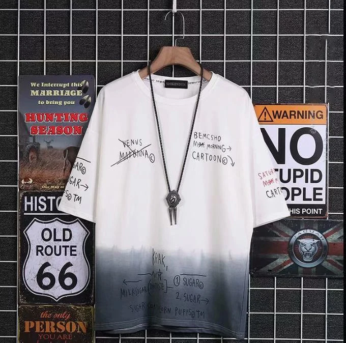 

Summer Gradient Color Printing T-Shirt Shirt Harajuku Tide Men's Everyday Casual Short-Sleeved Round Neck Youth Mens Clothing