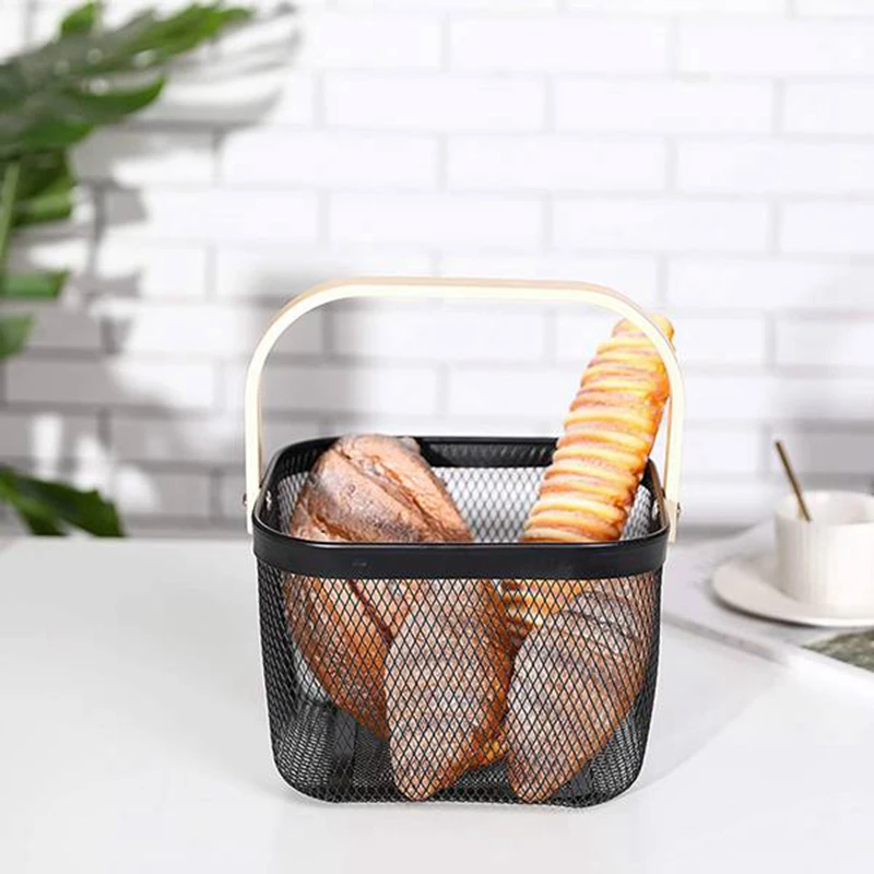 

2 Pcs Candy Colors Storage Basket Wood Handle Fruit Vegatable Basket Etal Mesh Storage Bag Basket Organizer