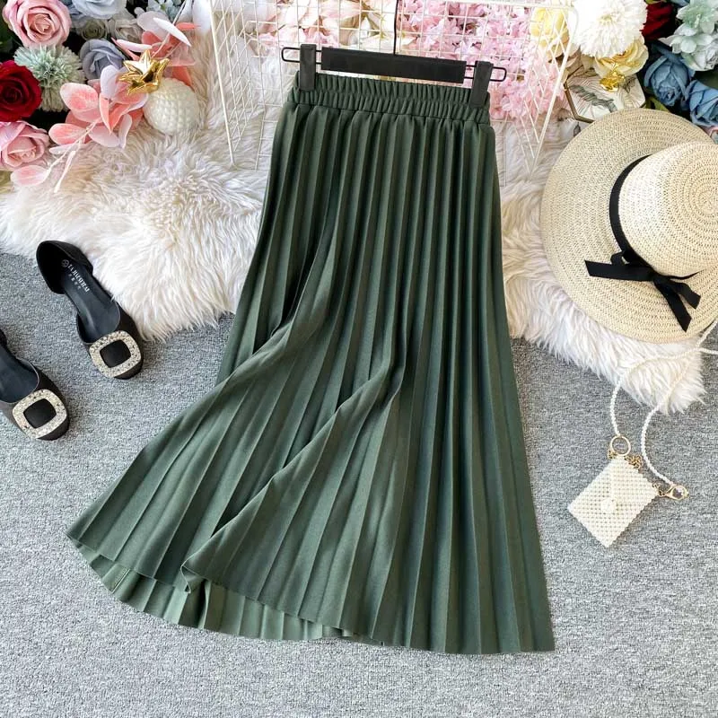 

Women knit Pleated Skirts Women Spring Autumn High Waist Patchwork A-line Skirts For Female Pleated Winter Saias Midi Skirt