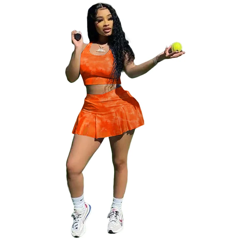 

RStylish Sexy Women Tennis Suit Tie Dye Sleeveless Vest Crop Top Shorts Skirts Slim Sporty 2021 Summer Two Piece Set