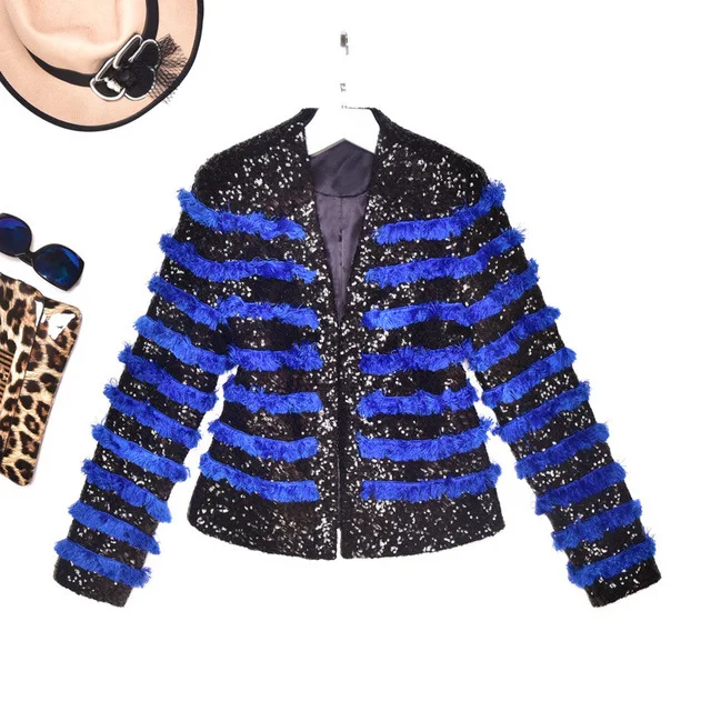 Женский блейзер с блестками дизайнерский облегающий пиджак бахромой Осень-зима