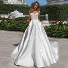 Атласное свадебное платье-трапеция, с глубоким круглым вырезом, без рукавов, с открытой спиной, свадебное бохо-платье