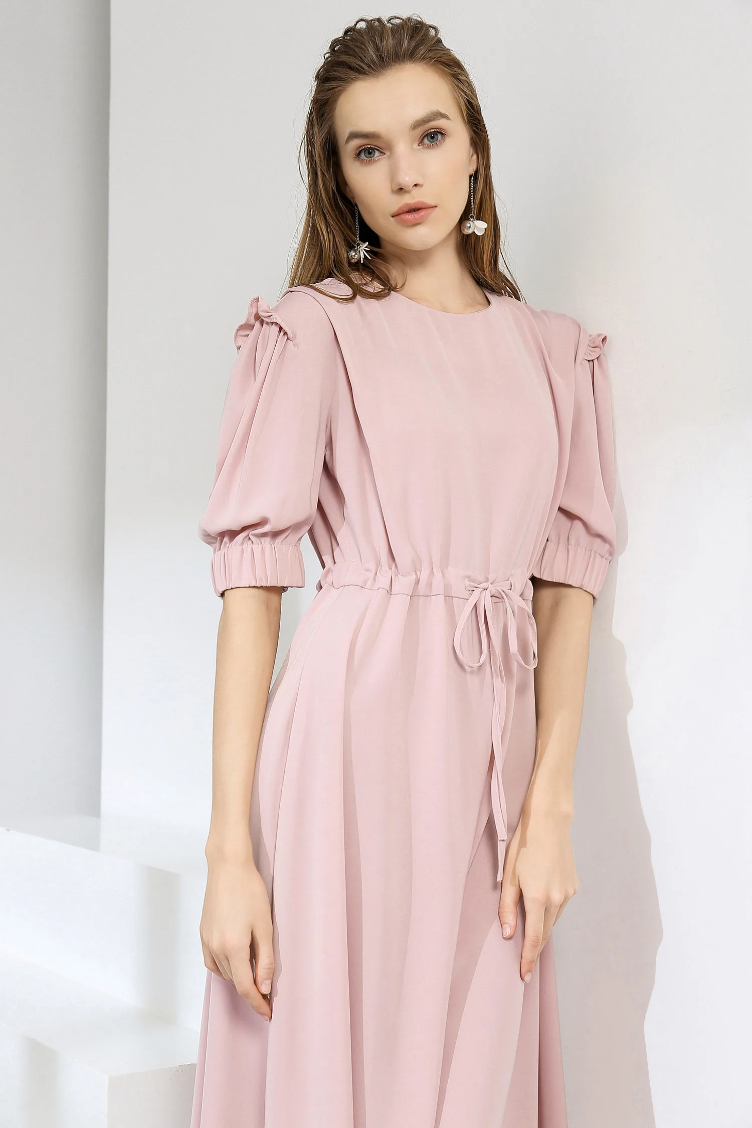 

LA.TENDRE 2020 Dress Summer Women Loose High Waist Elegant O-Neck Puff Sleeve Maxi Dress Pink Princess Long Dresses