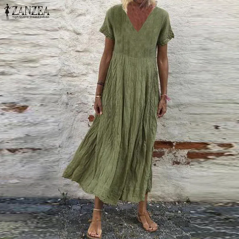 

Сарафан ZANZEA женский оверсайз, винтажный Повседневный однотонный свободный сарафан с V-образным вырезом и коротким рукавом, лето 2022