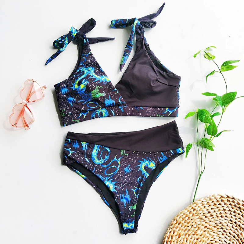 

2020 Splicing High Waist Bikini Set Retro Knot Swimsuit Female Print Bikini V Neck Swimwear Women Bathers Bathing Beach Suit New