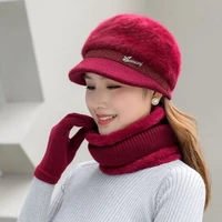 autumn winter hats for women rabbit fur knitted hats bibs gloves 3 piece set outdoor outing cycling ski hat