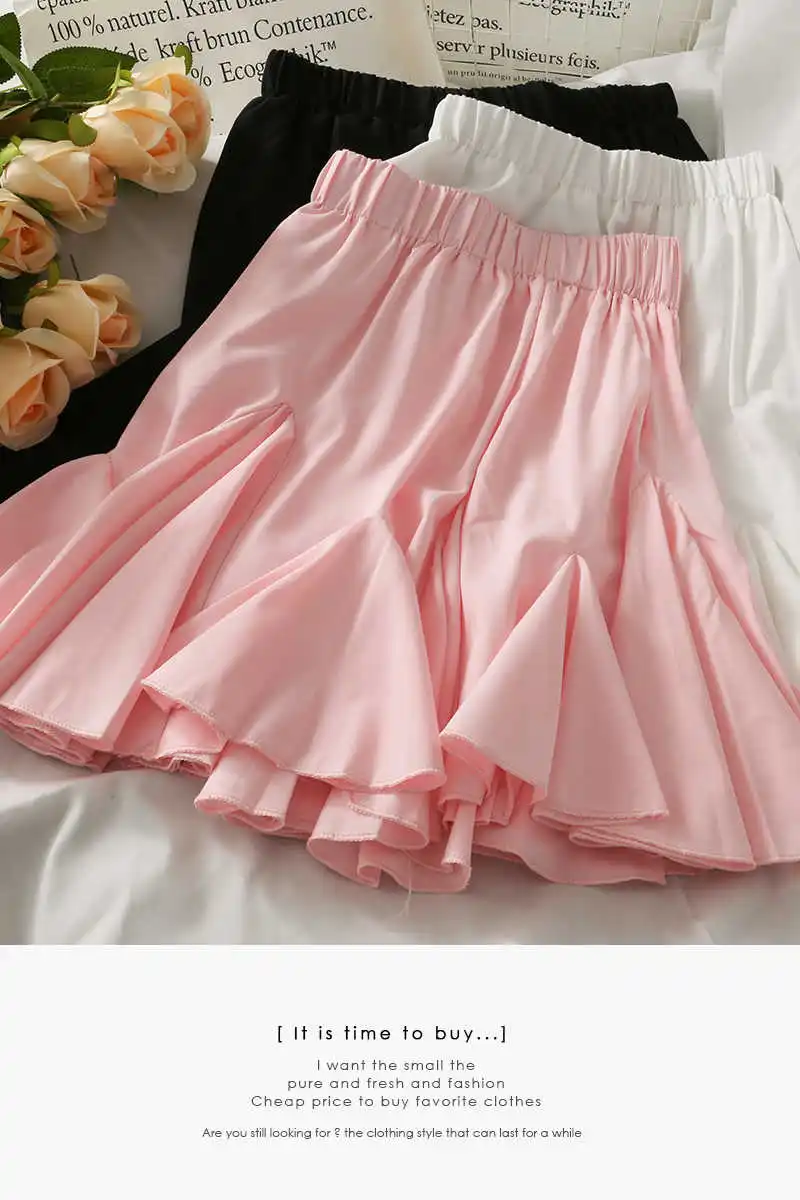 

2021 new sweet wind elastic waist thin solid short skirt women's summer wear light proof pleated A-line skirt
