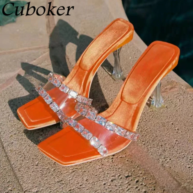

Summer Transparent Heels Rhinestone Slippers Women Shoes Slip On Square Toe Women Pumps Sexy Party Wedding Shoes 2021 Femininas