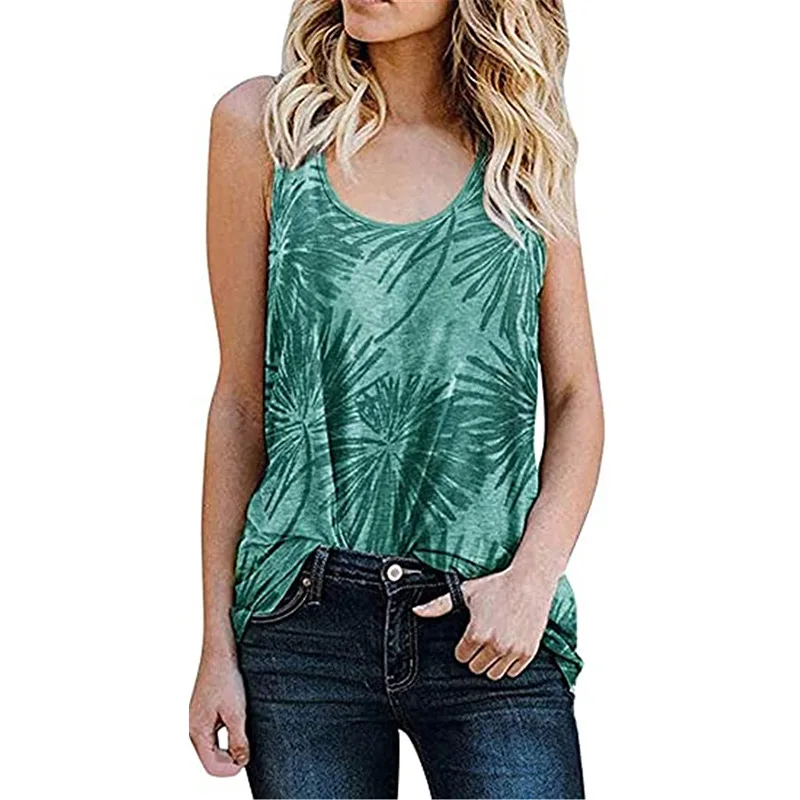 

2021 Summer European and American Women's Casual Sleeveless Vest Round Neck Leopard Print Floral Burnt-out T-shirt Blouse