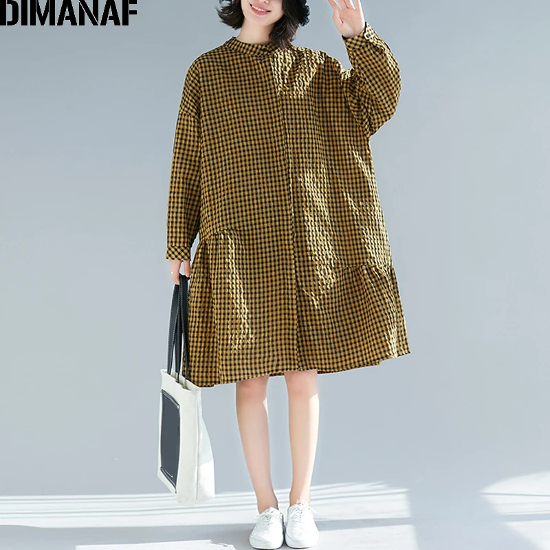 Женская рубашка с длинным рукавом DIMANAF хлопковая льняная блузка в клетку