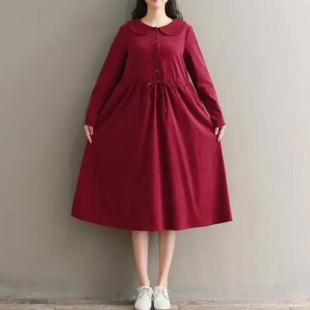 Японский Мори девушка осень женское длинное платье Питер Пэн воротник винно