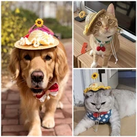 pet woven straw hats dogs cats rabbits cute style hats spring and summer sunshade adjustable hats pet apparel clothing