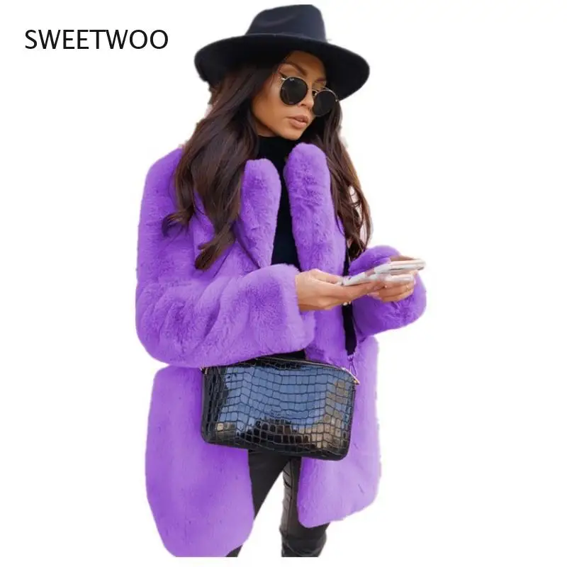 2021 New Women Winter Warm Faux Fur Coat Thick Women Middle -Long Overcoat Turn Down Collar Women Warm Female Casaco Feminino