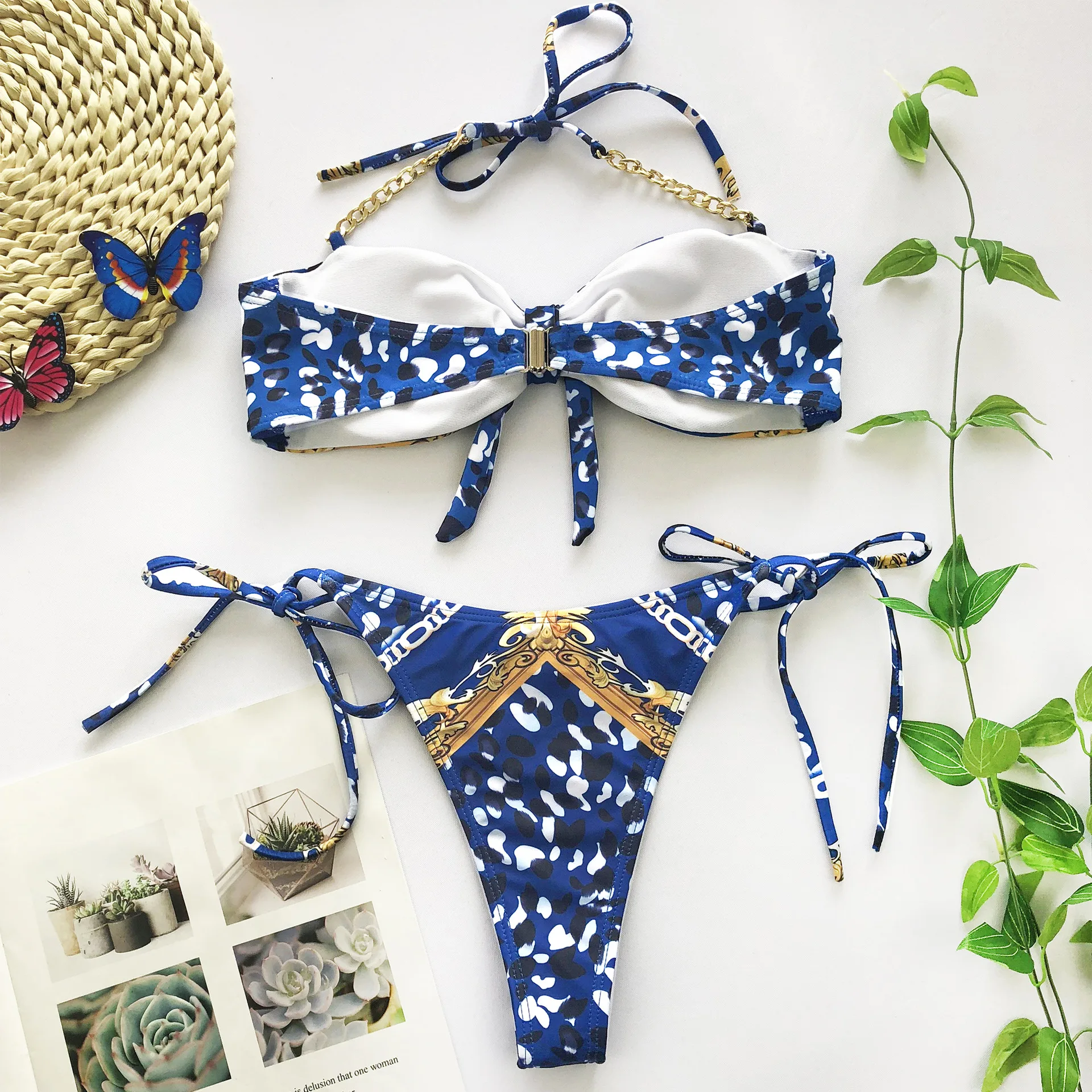Сексуальное микро бикини с бантом 2020 этнические синие купальники принтом цепи