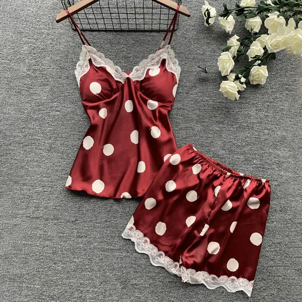 Пикантный женский пижамный комплект атласный кружевной Шелковый топ с принтом