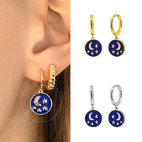 925 silver ear buckle moon and star pendant hoop earrings for women blue circle earrings fashion females jewelry accessories