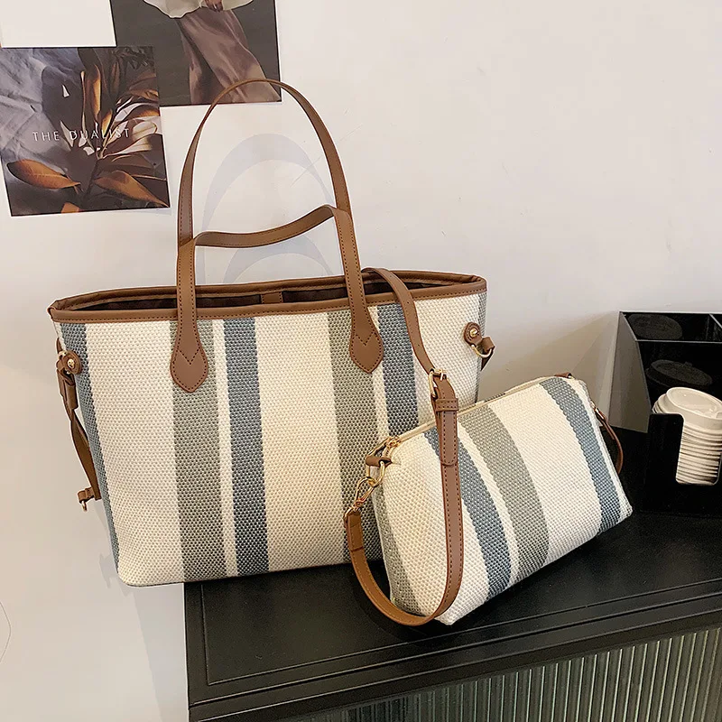 

2021 commuter shoulder bag for college students, women's casual simple large-capacity striped canvas portable tote bag