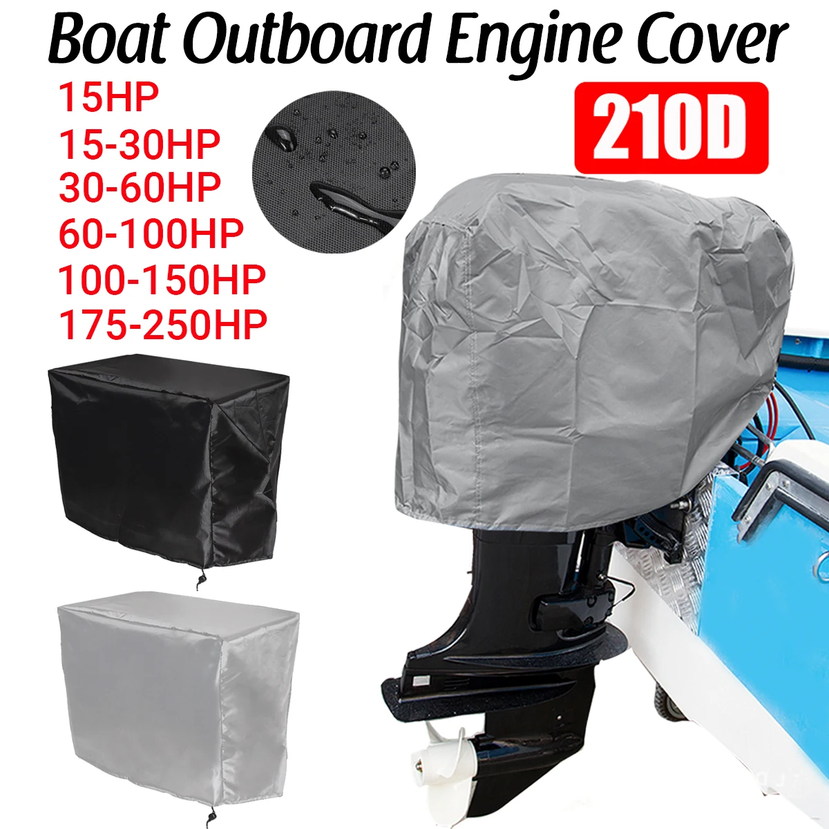 

15-250HP Full Outboard Motor Engine Boat Cover 210D Waterproof Anti-scratch Heavy Duty Outboard Engine Protector Black/Silver
