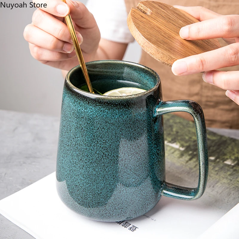 Большая керамическая кружка в стиле ретро зеленая для дома с большим животом