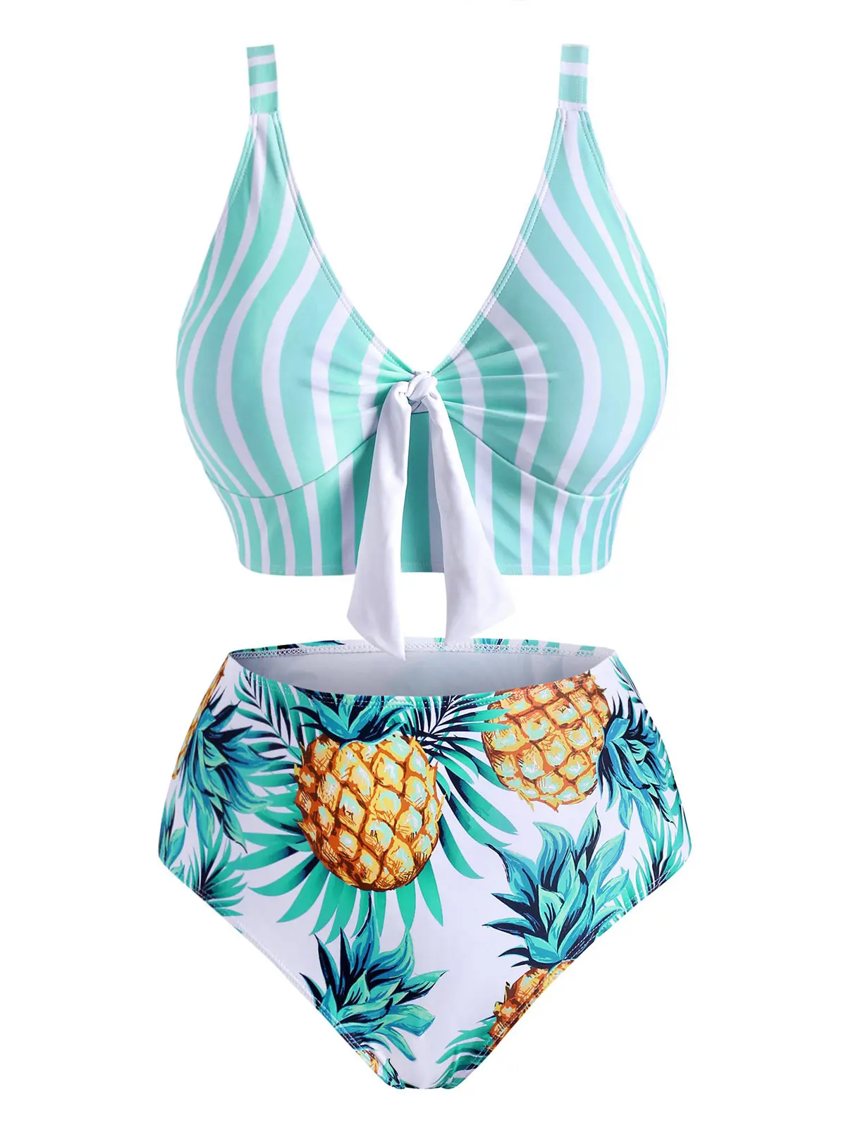 

Wiaplo Plus Size 4XL Striped Tropical Pineapple Tied High Rise Tankini Swimwear Push-Up Bikini Sets Swimsuit Biquini Summer 2021